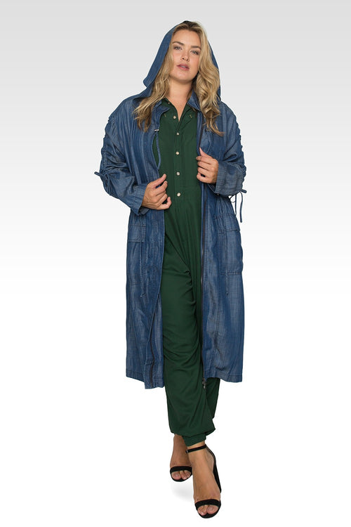 Standards & Practices Plus Size Women's Indigo Denim Tencel Hooded Long Anorak Jacket-1