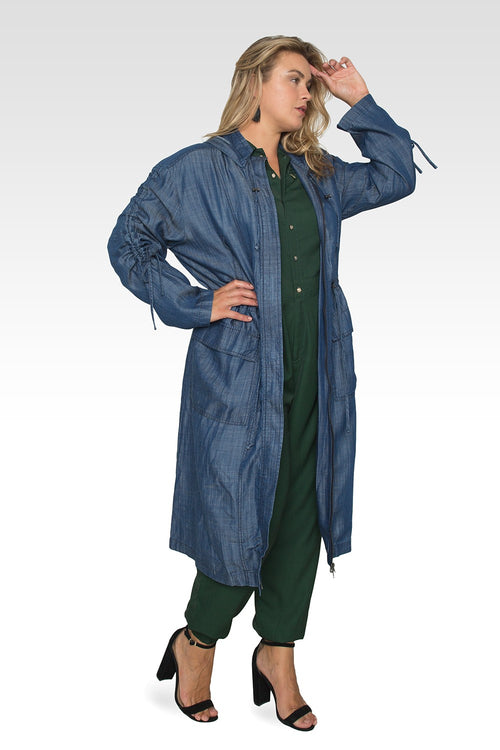 Standards & Practices Plus Size Women's Indigo Denim Tencel Hooded Long Anorak Jacket-3