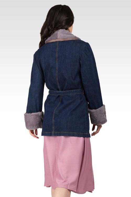 Emily Women's Tie Robe Detachable Faux Fur Denim Jacket