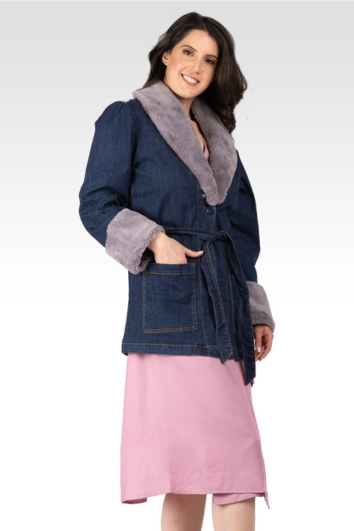 Emily Women's Tie Robe Detachable Faux Fur Denim Jacket