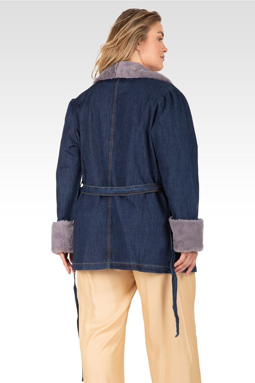 Emily Women's Plus Size Tie Robe Detachable Faux Fur Denim Jacket