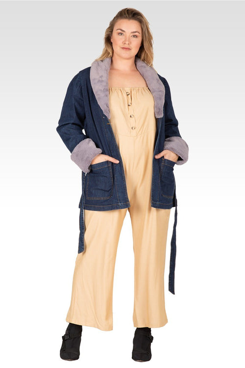 Emily Women's Plus Size Tie Robe Detachable Faux Fur Denim Jacket