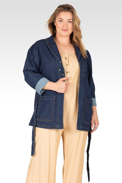 Emily Women's Plus Size Tie Robe Detachable Faux Fur Denim Jacket