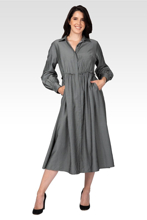 Chloe Women's Button Front Maxi Length Shirt Dress With Cuffed Balloon Sleeves - Hunter