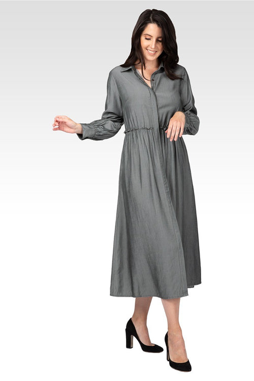 Chloe Women's Button Front Maxi Length Shirt Dress With Cuffed Balloon Sleeves - Hunter