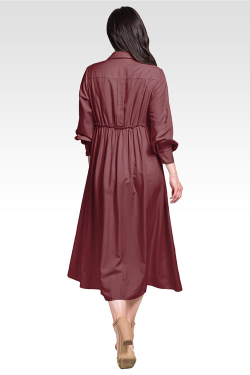 Chloe Women's Button Front Maxi Length Shirt Dress With Cuffed Balloon Sleeves - Merlot