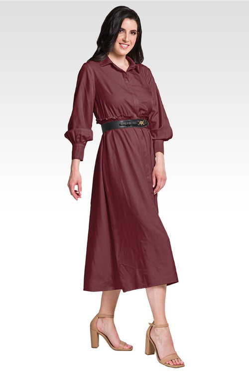 Chloe Women's Button Front Maxi Length Shirt Dress With Cuffed Balloon Sleeves - Merlot