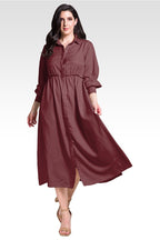 Chloe Women's Button Front Maxi Length Shirt Dress With Cuffed Balloon Sleeves - Merlot