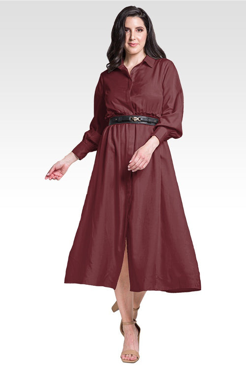 Chloe Women's Button Front Maxi Length Shirt Dress With Cuffed Balloon Sleeves - Merlot