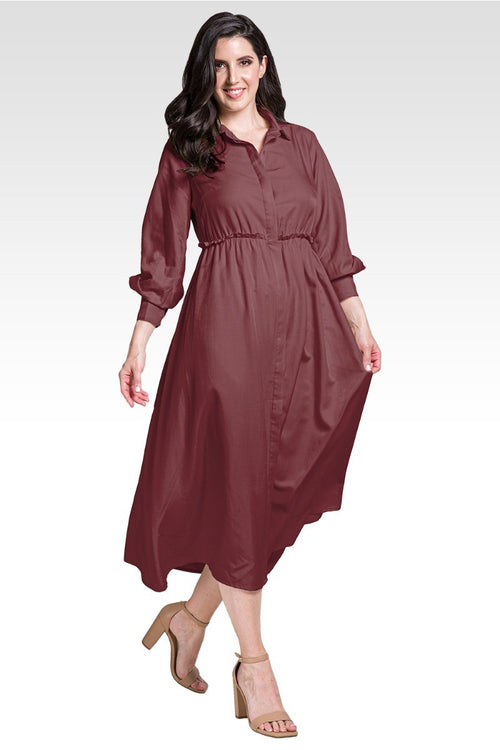 Chloe Women's Button Front Maxi Length Shirt Dress With Cuffed Balloon Sleeves - Merlot