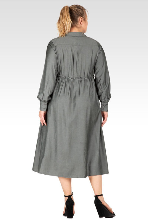 Chloe Women's Plus Size Button Front Maxi Shirt Dress With Cuffed Balloon Sleeves - Hunter