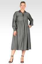 Chloe Women's Plus Size Button Front Maxi Shirt Dress With Cuffed Balloon Sleeves - Hunter