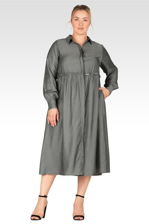 Chloe Women's Plus Size Button Front Maxi Shirt Dress With Cuffed Balloon Sleeves - Hunter