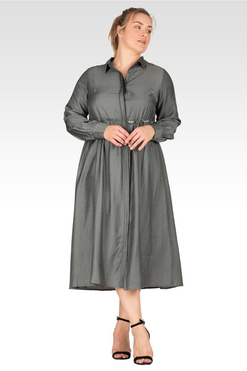 Chloe Women's Plus Size Button Front Maxi Shirt Dress With Cuffed Balloon Sleeves - Hunter