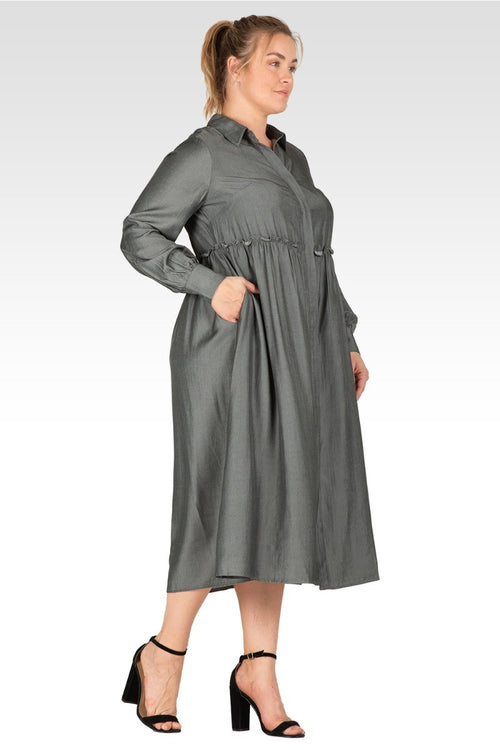 Chloe Women's Plus Size Button Front Maxi Shirt Dress With Cuffed Balloon Sleeves - Hunter