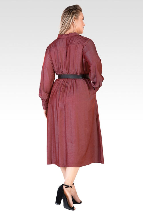 Chloe Women's Plus Size Button Front Maxi Shirt Dress With Cuffed Balloon Sleeves - Merlot