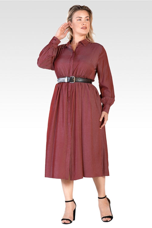 Chloe Women's Plus Size Button Front Maxi Shirt Dress With Cuffed Balloon Sleeves - Merlot