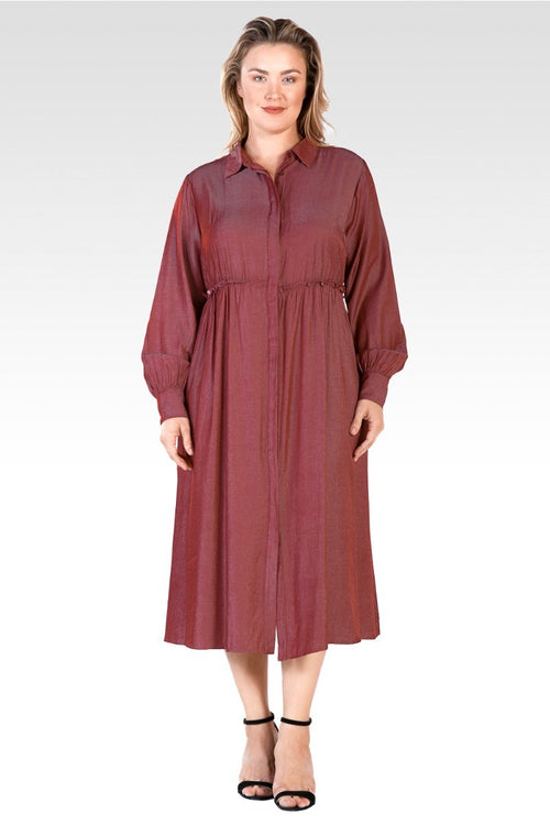 Chloe Women's Plus Size Button Front Maxi Shirt Dress With Cuffed Balloon Sleeves - Merlot