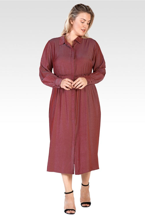 Chloe Women's Plus Size Button Front Maxi Shirt Dress With Cuffed Balloon Sleeves - Merlot