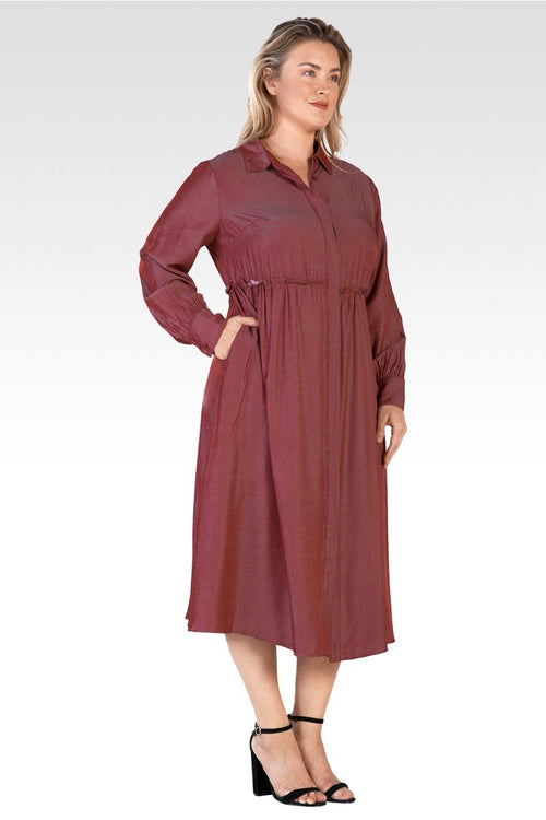 Chloe Women's Plus Size Button Front Maxi Shirt Dress With Cuffed Balloon Sleeves - Merlot