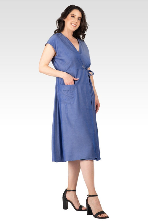 Hazel Women's Kimono Cap Sleeves Midi Wrap Dress - Indigo