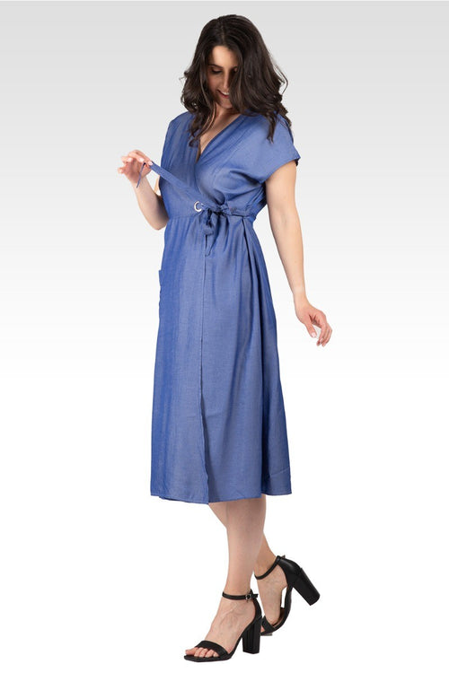 Hazel Women's Kimono Cap Sleeves Midi Wrap Dress - Indigo