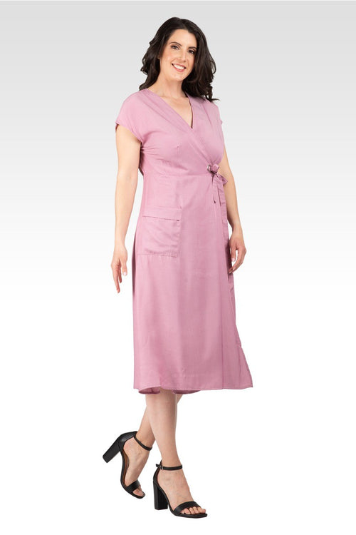 Hazel Women's Kimono Cap Sleeves Midi Wrap Dress - Mauve