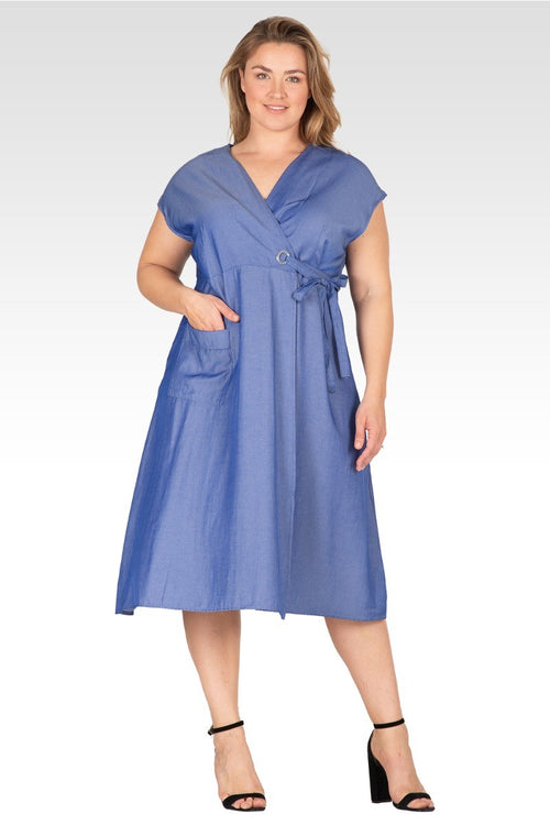 Hazel Women's Plus Size Kimono Cap Sleeves Midi Wrap Dress - Indigo