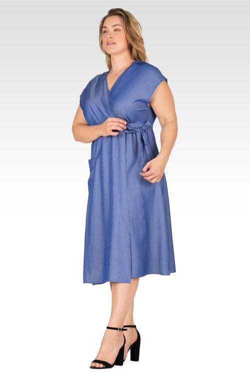 Hazel Women's Plus Size Kimono Cap Sleeves Midi Wrap Dress - Indigo
