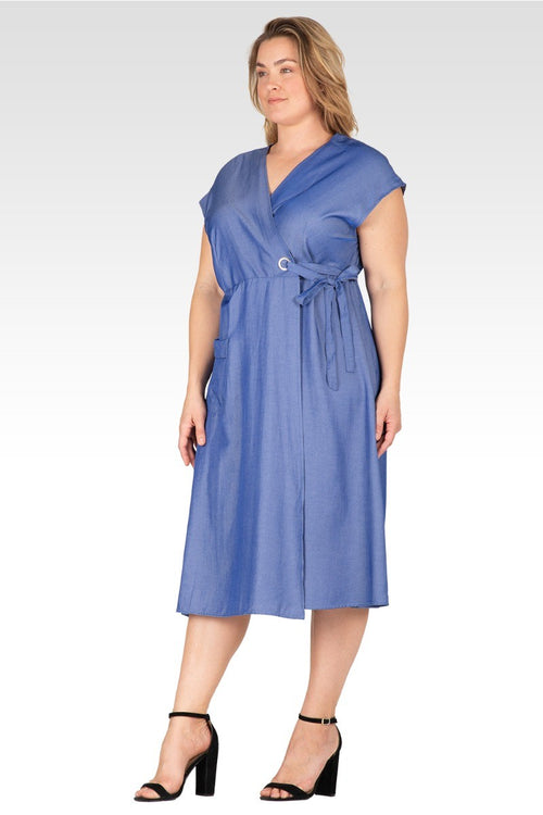 Hazel Women's Plus Size Kimono Cap Sleeves Midi Wrap Dress - Indigo