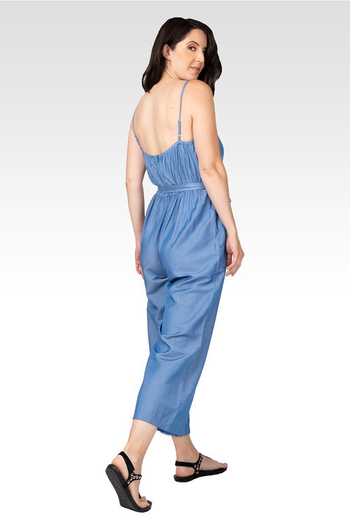 Charli Women's Adjustable Spaghetti Strap Elastic Neckline High Waist Jumpsuit - Bleach Blue