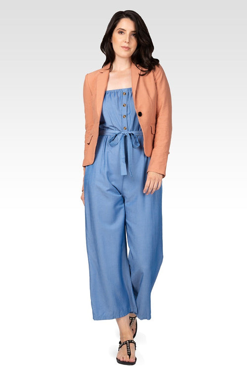 Charli Women's Adjustable Spaghetti Strap Elastic Neckline High Waist Jumpsuit - Bleach Blue