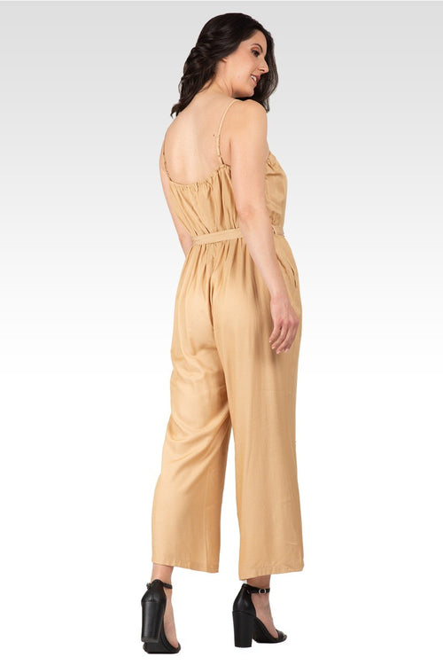 Charli Women's Adjustable Spaghetti Strap Elastic Neckline High Waist Jumpsuit - Khaki