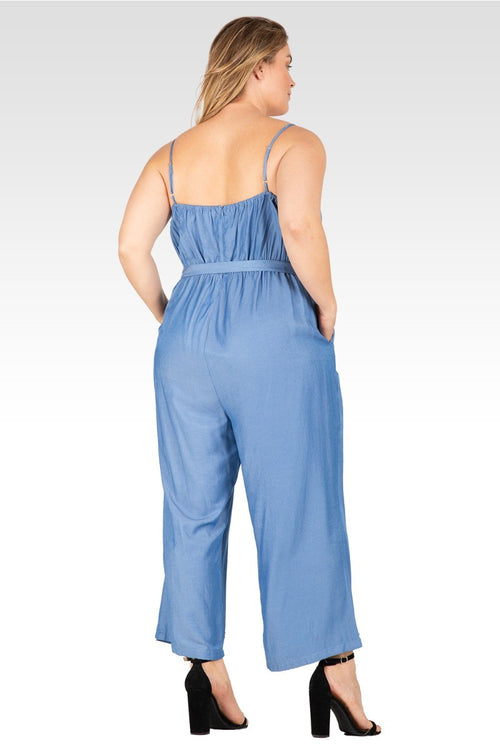 Charli Women's Plus Size  Adjustable Spaghetti Strap Elastic Neckline High Waist Jumpsuit - Bleach Blue