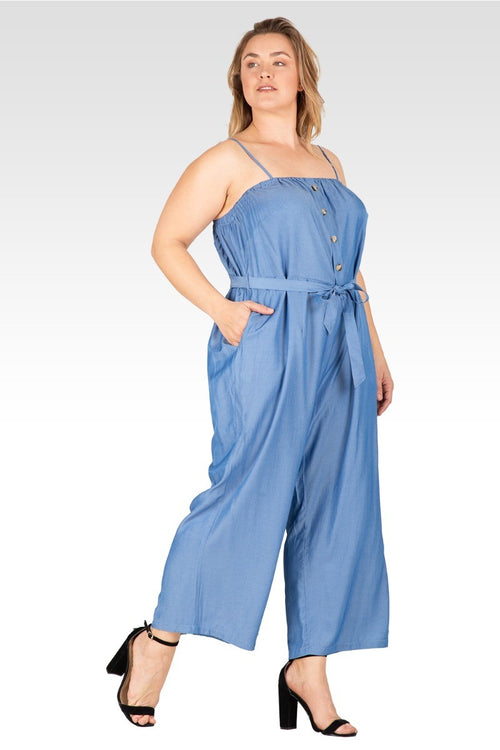 Charli Women's Plus Size  Adjustable Spaghetti Strap Elastic Neckline High Waist Jumpsuit - Bleach Blue