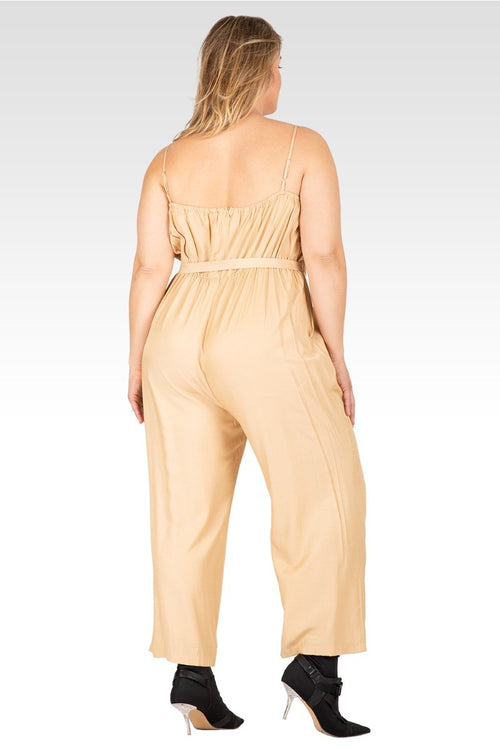 Charli Women's Plus Size  Adjustable Spaghetti Strap Elastic Neckline High Waist Jumpsuit - Khaki