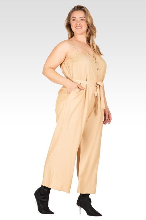 Charli Women's Plus Size  Adjustable Spaghetti Strap Elastic Neckline High Waist Jumpsuit - Khaki