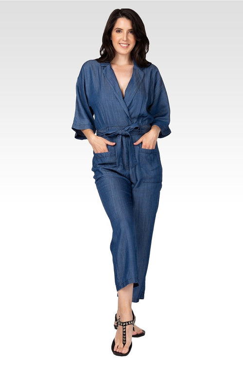 Yuki Women's Tencel Denim Kimono Sleeves Tie Wrap Jumpsuit