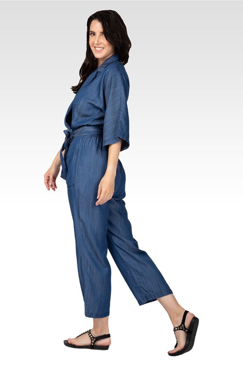 Yuki Women's Tencel Denim Kimono Sleeves Tie Wrap Jumpsuit