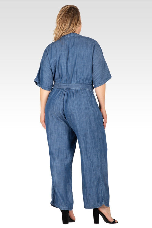 Yuki Women's Plus Size Tencel Denim Kimono Sleeves Tie Wrap Jumpsuit