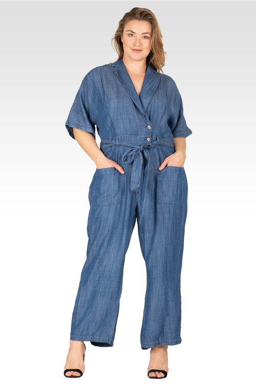 Yuki Women's Plus Size Tencel Denim Kimono Sleeves Tie Wrap Jumpsuit