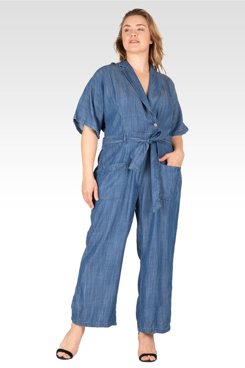 Yuki Women's Plus Size Tencel Denim Kimono Sleeves Tie Wrap Jumpsuit