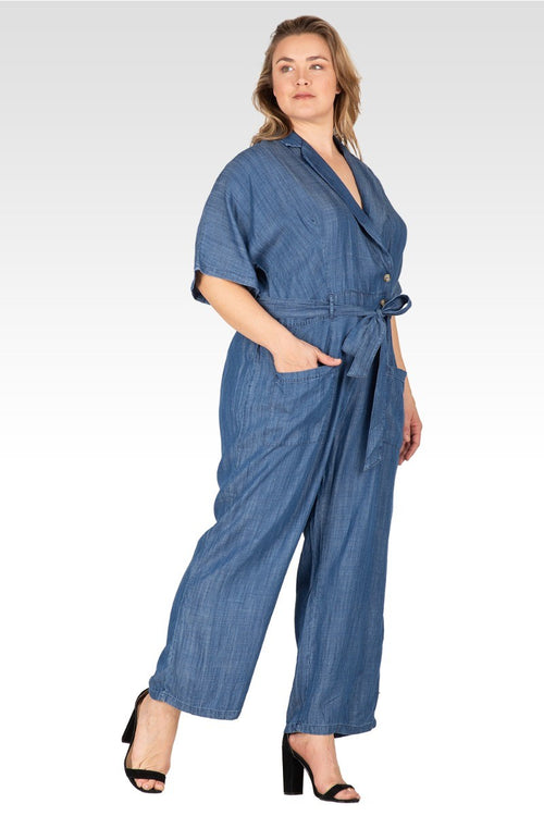 Yuki Women's Plus Size Tencel Denim Kimono Sleeves Tie Wrap Jumpsuit