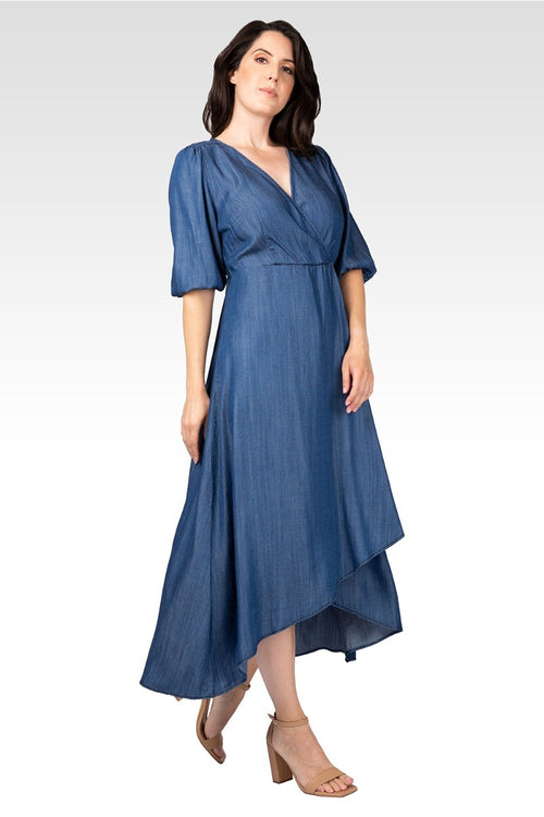 Lilly Women's Puff Sleeves High Low Tencel Dress