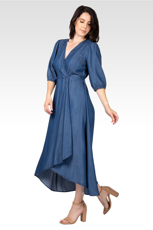 Lilly Women's Puff Sleeves High Low Tencel Dress