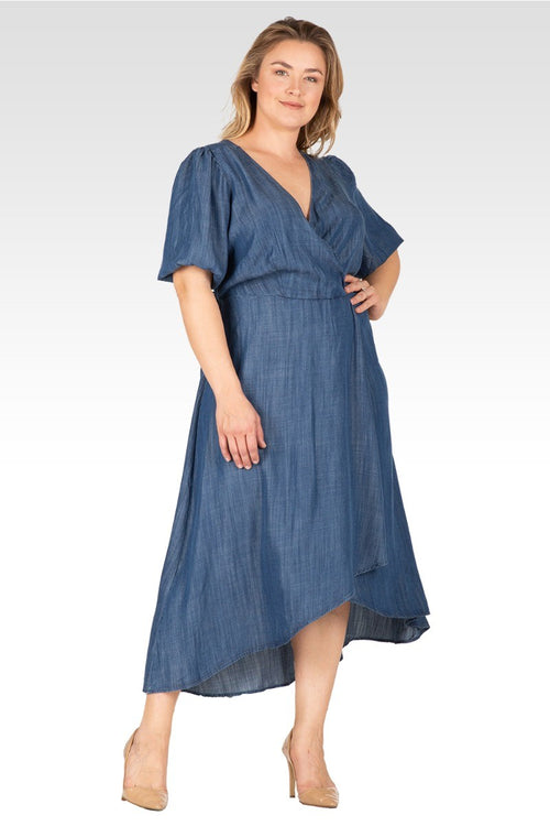 Lilly Women's Plus Size Puff Sleeves High Low Tencel Dress