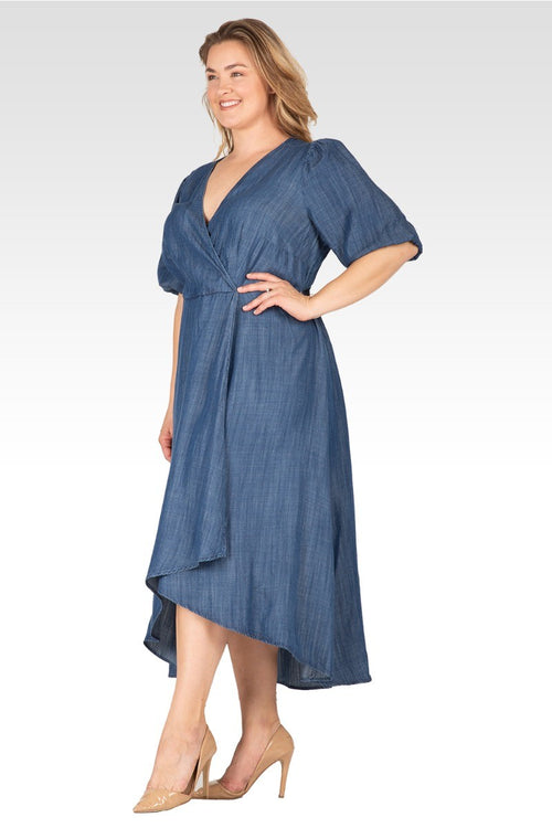 Lilly Women's Plus Size Puff Sleeves High Low Tencel Dress