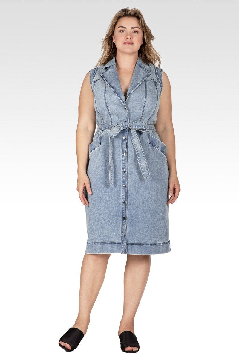 Women's Plus Size Belted Denim Pocket Midi Dress