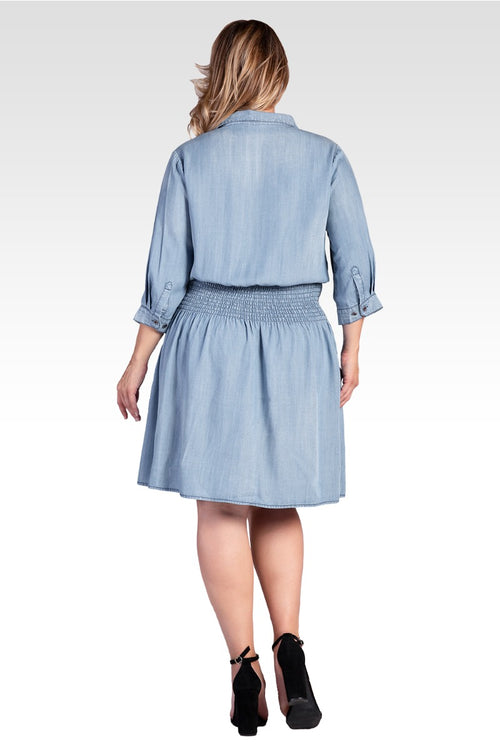 Felis Women's Plus Size Tencel Smocked Waist Midi Shirt Dress