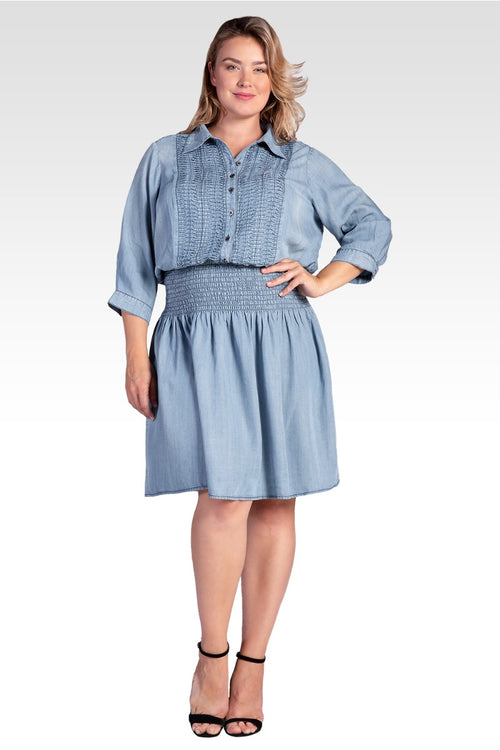 Felis Women's Plus Size Tencel Smocked Waist Midi Shirt Dress